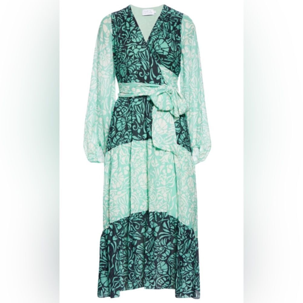 Tanya Taylor Green Print Wrap Dress - Colorblock Floral Liza Dress